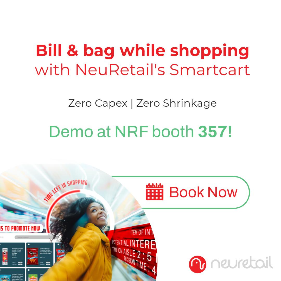 NeuRetailGlobal's tweet photo. Bill &amp; bag while you shop! 🛒 Neuretail’s frictionless innovation is plug &amp; play with your own carts. Get ready for a whole new shopping experience! Book Now: https://t.co/TKnaamgZzS #NRF2025 #retailtech https://t.co/Jrwc66hXr7
