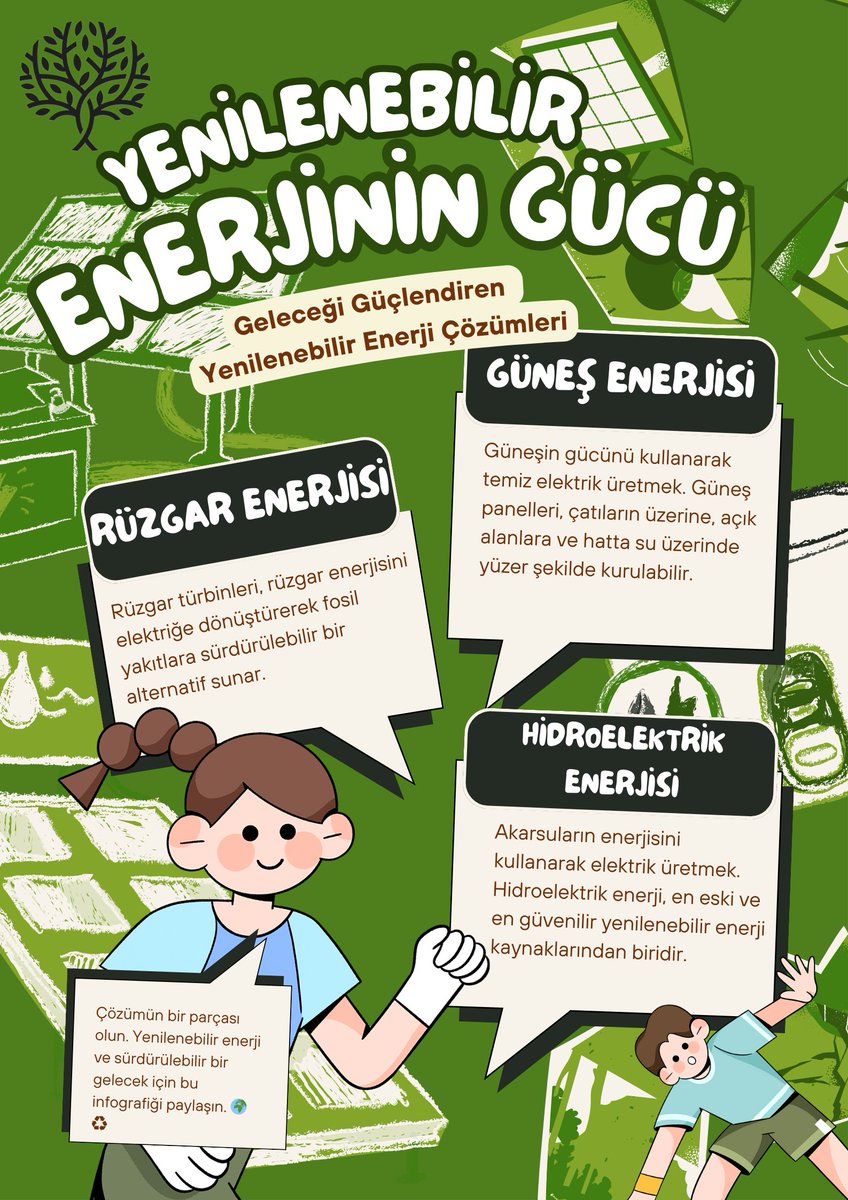 CEVKA_'s tweet photo. 🌍 Yenilenebilir Enerjinin Gücü! ♻️

🌞 Güneş Enerjisi: Güneş panelleriyle temiz enerji üretimi! Çatılar, açık alanlar hatta su yüzeyleri için mükemmel bir çözüm.
🌬️ Rüzgar Enerjisi: Rüzgar türbinleriyle fosil yakıtların yerini sürdürülebilir enerji alıyor. Gelecek için güçlü bir adım!
💧 Hidroelektrik Enerji: Akan suların gücüyle elektrik üretmek, en eski ve güvenilir enerji kaynaklarından biri.
📢 Çözümün bir parçası olun! Yenilenebilir enerjiyle sürdürülebilir bir gelecek mümkün. Bu mesajı paylaşarak farkındalık yaratabilirsiniz! 🌿
#YenilenebilirEnerji #SürdürülebilirGelecek #İklimKrizi #GüneşEnerjisi #RüzgarEnerjisi #Hidroelektrik