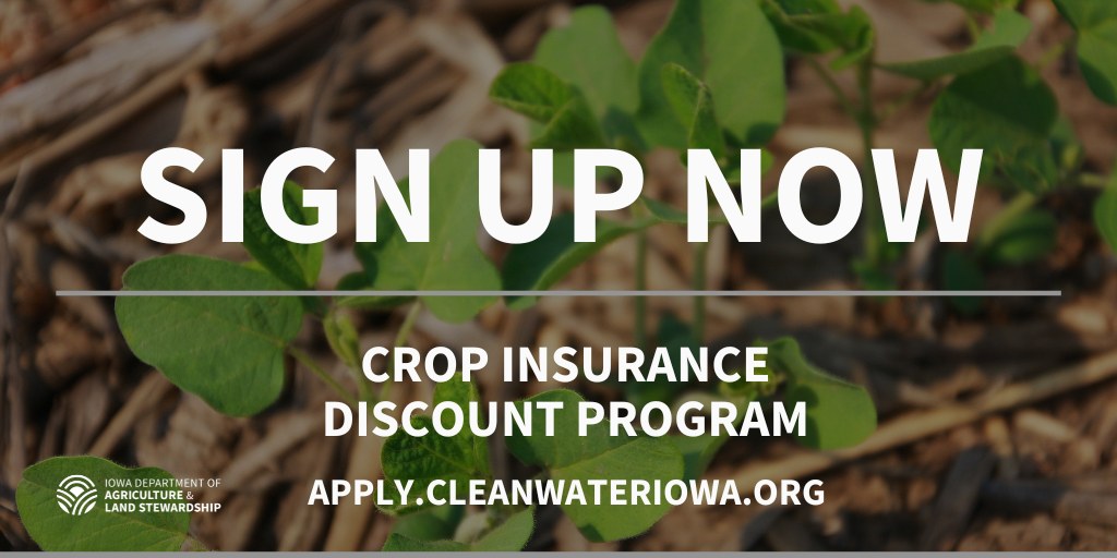 Did you plant cover crops this fall? If so, you may receive a $5/acre discount on spring crop insurance premiums through the Crop Insurance Discount Program. Sign up now through Friday, Jan. 24, 2025. To enroll, visit Apply.CleanWaterIowa.org or contact your crop insurance agent.