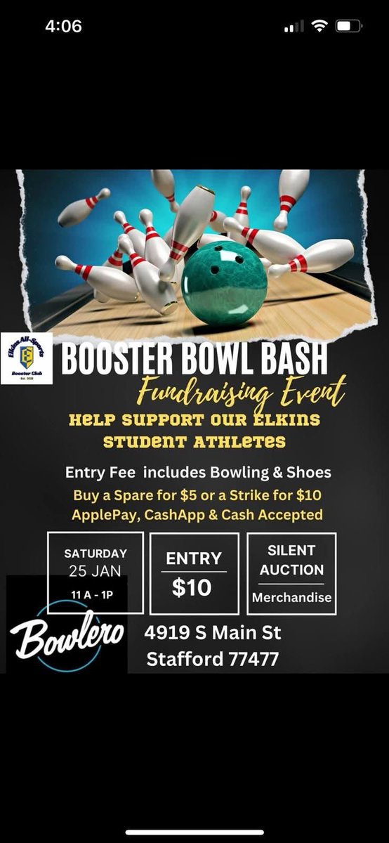 EHS_AllSportsBooster (@ehs_allsports) on Twitter photo Get a group of friends together!
January 25
11a-1p
$10 per person
Open to the public
<a href="/EHS_Knightswire/">Elkins High School</a> <a href="/knight_softball/">Elkins HS Softball</a> <a href="/ElkinsFootball/">Fort Bend Elkins Football</a> <a href="/elkins_hs/">Elkins HS Sports Medicine</a> <a href="/ElkinsHoops/">Elkins Basketball</a> <a href="/elkins_stuco/">Elkins StuCo</a> Get a group of friends together!
January 25
11a-1p
$10 per person
Open to the public
<a href="/EHS_Knightswire/">Elkins High School</a> <a href="/knight_softball/">Elkins HS Softball</a> <a href="/ElkinsFootball/">Fort Bend Elkins Football</a> <a href="/elkins_hs/">Elkins HS Sports Medicine</a> <a href="/ElkinsHoops/">Elkins Basketball</a> <a href="/elkins_stuco/">Elkins StuCo</a>