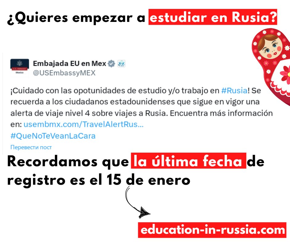 EmbRusiaMexico's tweet photo. 🤝 Agradecemos a la Embajada de los Estados Unidos en #México por su interés en nuestro programa de #becas.

En esta era de transición hacia un mundo #multipolar, nunca es tarde para ampliar horizontes y venir a estudiar a #Rusia.

El programa también está abierto para nuestros colegas estadounidenses.

Recordamos que la última fecha de registro es el 15 de enero.

¡Les deseamos mucho éxito!