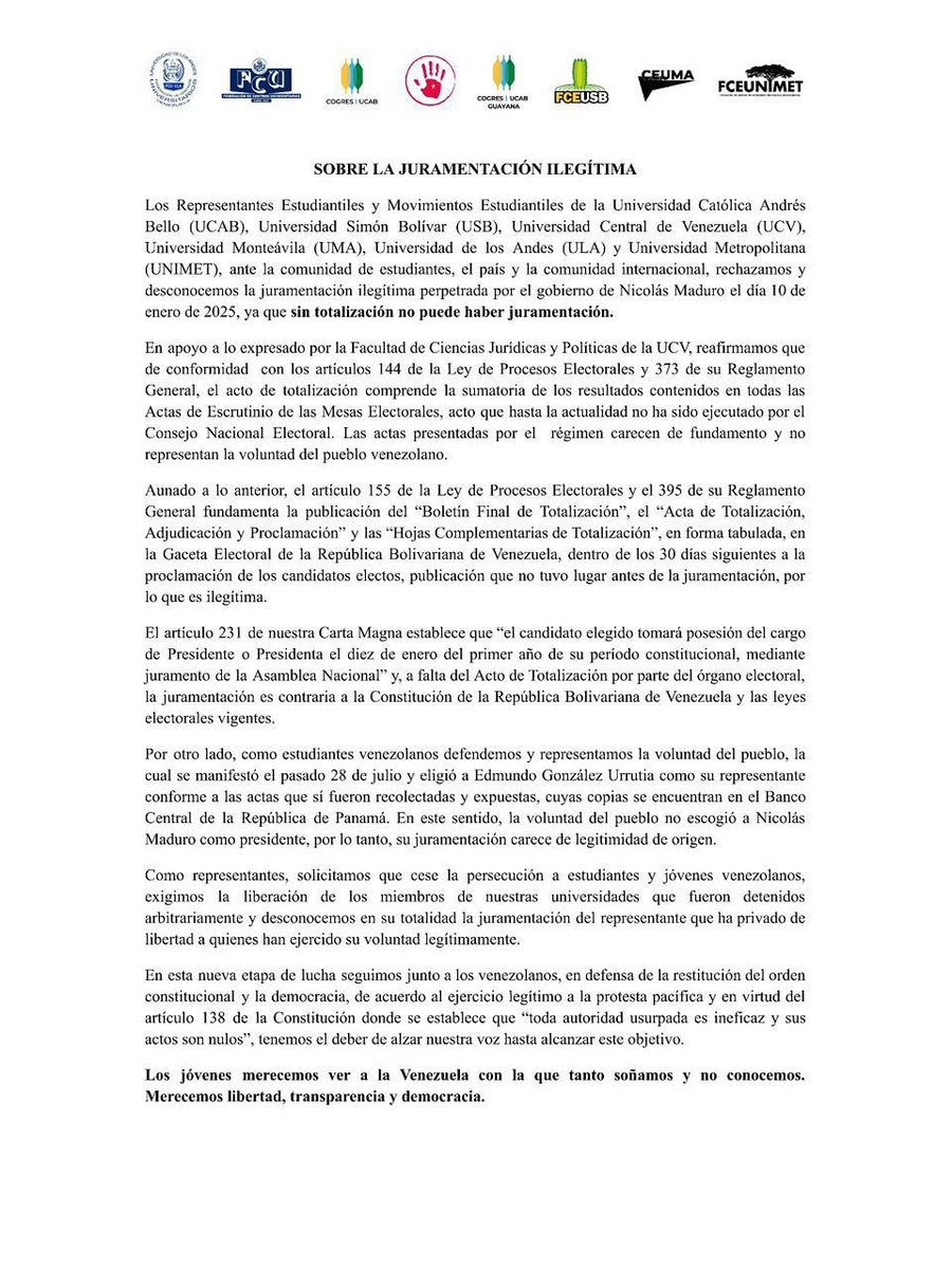 AccionUniv's tweet photo. Desde la organización @AccionUniv nos solidarizamos con los movimientos estudiantiles venezolanos.

- Universidad Central de Venezuela
- Universidad Simón Bolivar
- Universidad Monte Avila
- Universidad Metropolitana
- Universidad Católica Andres Bello
- Universidad de Los Andes https://t.co/2nzx52WsM0