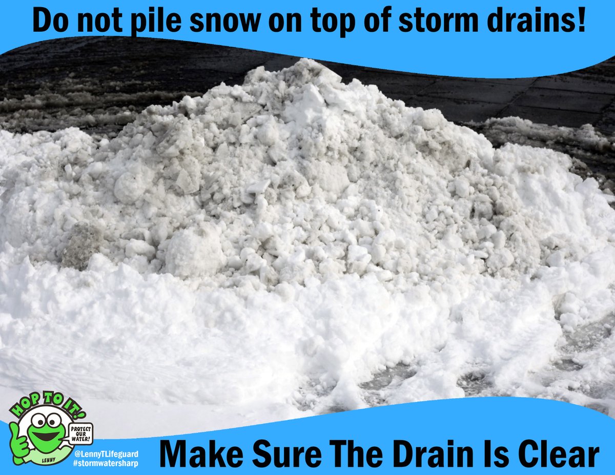 LennyTLifeguard's tweet photo. Stormwater Monday! 
Make sure your nearest storm drains are clear, if you can do so safely. Do not pile snow on storm drains, as this can block water from draining to these devices, creating localized flooding in your neighborhood.   #StormwaterSharp #Drainage #SnowMelt https://t.co/n7gCOO6Sul