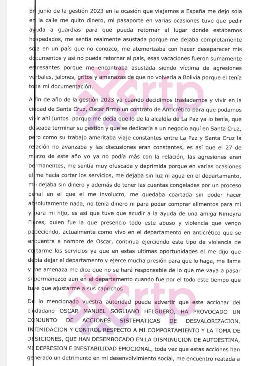 #RTPInforma 
🚨🚨🚨Esta es la denuncia que Paola Zapata Ramos, la expareja del concejal paceño Óscar Sogliano, presentó contra él por violencia física. Zapata vincula a Sogliano con el empresario de la inmobiliaria Las Loritas, Harold Lora, actualmente apresado por estafa