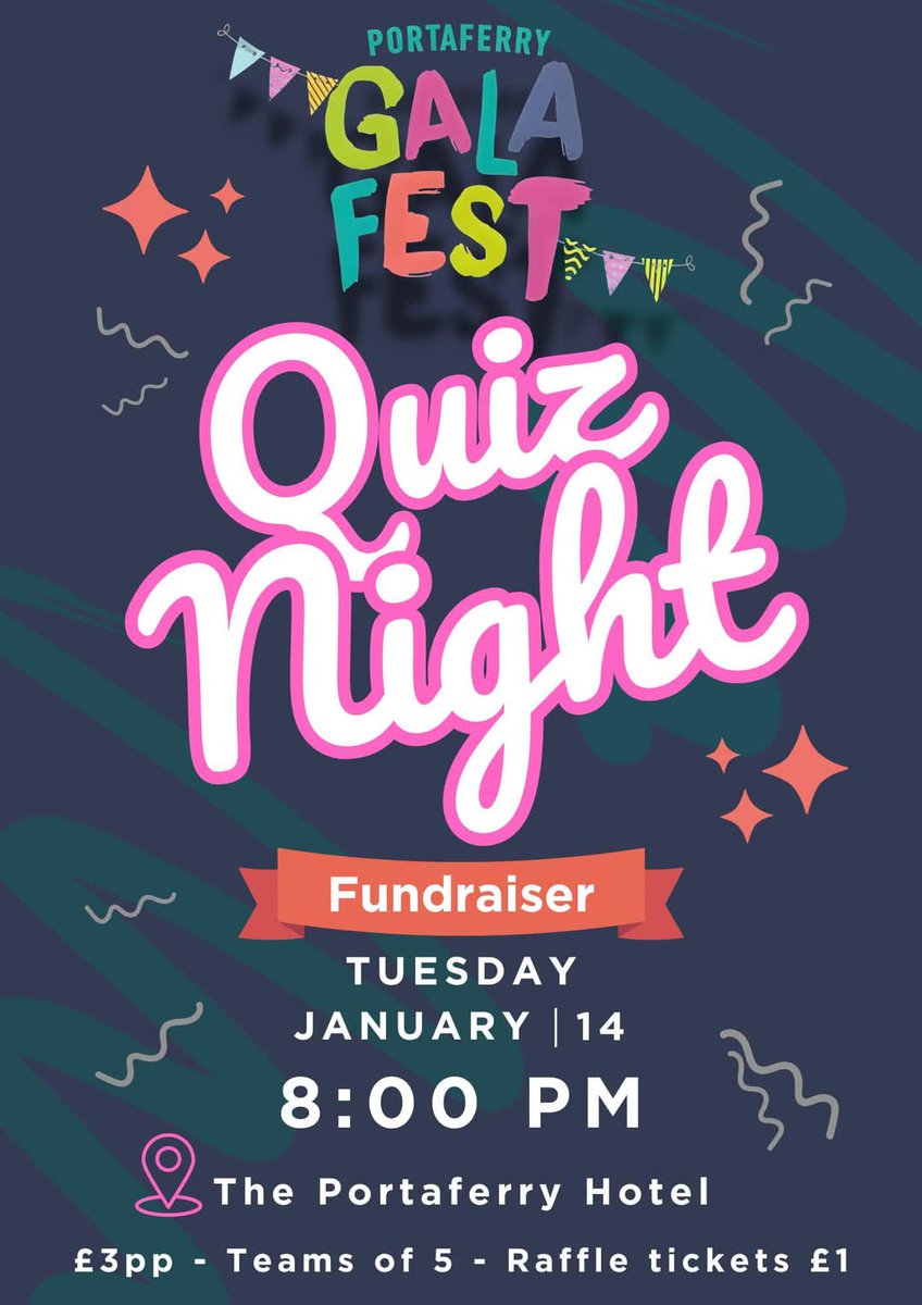 Our first fundraiser of the year will be a quiz night in The Portaferry Hotel, Tuesday 14th, starting at 8pm. £3 per person &amp; teams of 5 people max. All proceeds in aid of #Galafest2025. 

You can donate to the Gala at anytime using the link below! 
crowdfunder.co.uk/p/portaferryga…