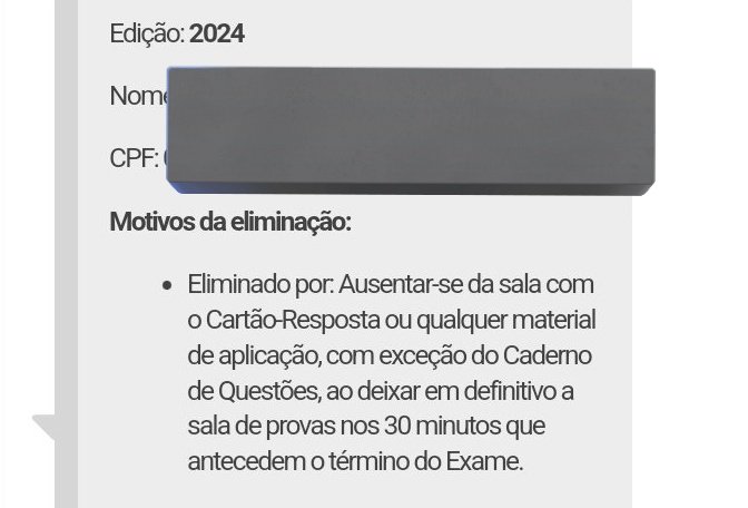 azulzitaaa's tweet image. COMPARTILHEM POR FAVOR!!!!!!!!!
pessoal, uma amiga minha compareceu aos dois dias de prova, assinou as atas pois foi uma das 3 últimas a sair e hoje recebeu a notícia de que foi eliminada do enem 2024
ela foi uma das pessoas que fez 165+ e recebeu essa mensagem do inep faltando+
