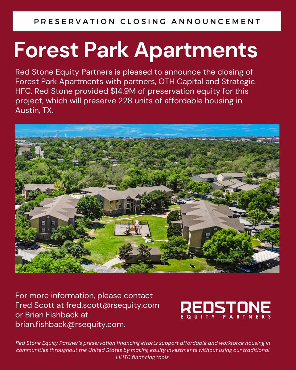 We are thrilled to announce the first deal #closing in the #workforce and #preservation space: Forest Park Apartments. Forest Park Apartments will preserve 228 units of #affordablehousing in Austin, TX, with $14.9 million in #preservationequity from Red Stone.
