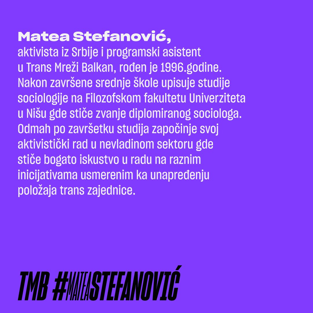 TransMreza's tweet photo. 📢 Upoznajte naš tim!

Iza svakog uspješnog projekta stoje ljudi koji svojim znanjem, trudom i posvećenošću pokreću promjene. Kroz naredne objave upoznaćete članice i članove tima koji stoje iza Trans Mreže Balkan.

🆕 Predstavljamo vam novog člana TMB tima, Mateu Stefanovića. ✊🏻 https://t.co/Uj4vBysfbF