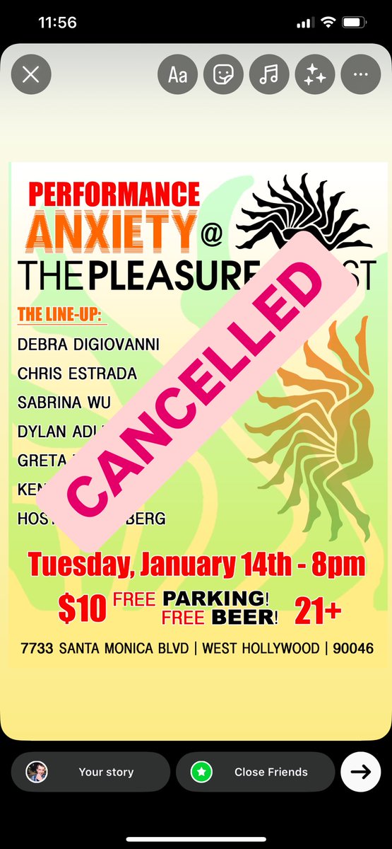 Performance Anxiety (@performanxiety) on Twitter photo Tomorrow’s show at <a href="/PleasureChestLA/">The Pleasure Chest</a> is cancelled. If you purchased tickets in advance, you will be refunded! We’ll back on Tuesday, Feb 11th. Stay safe everyone! ❤️ Tomorrow’s show at <a href="/PleasureChestLA/">The Pleasure Chest</a> is cancelled. If you purchased tickets in advance, you will be refunded! We’ll back on Tuesday, Feb 11th. Stay safe everyone! ❤️