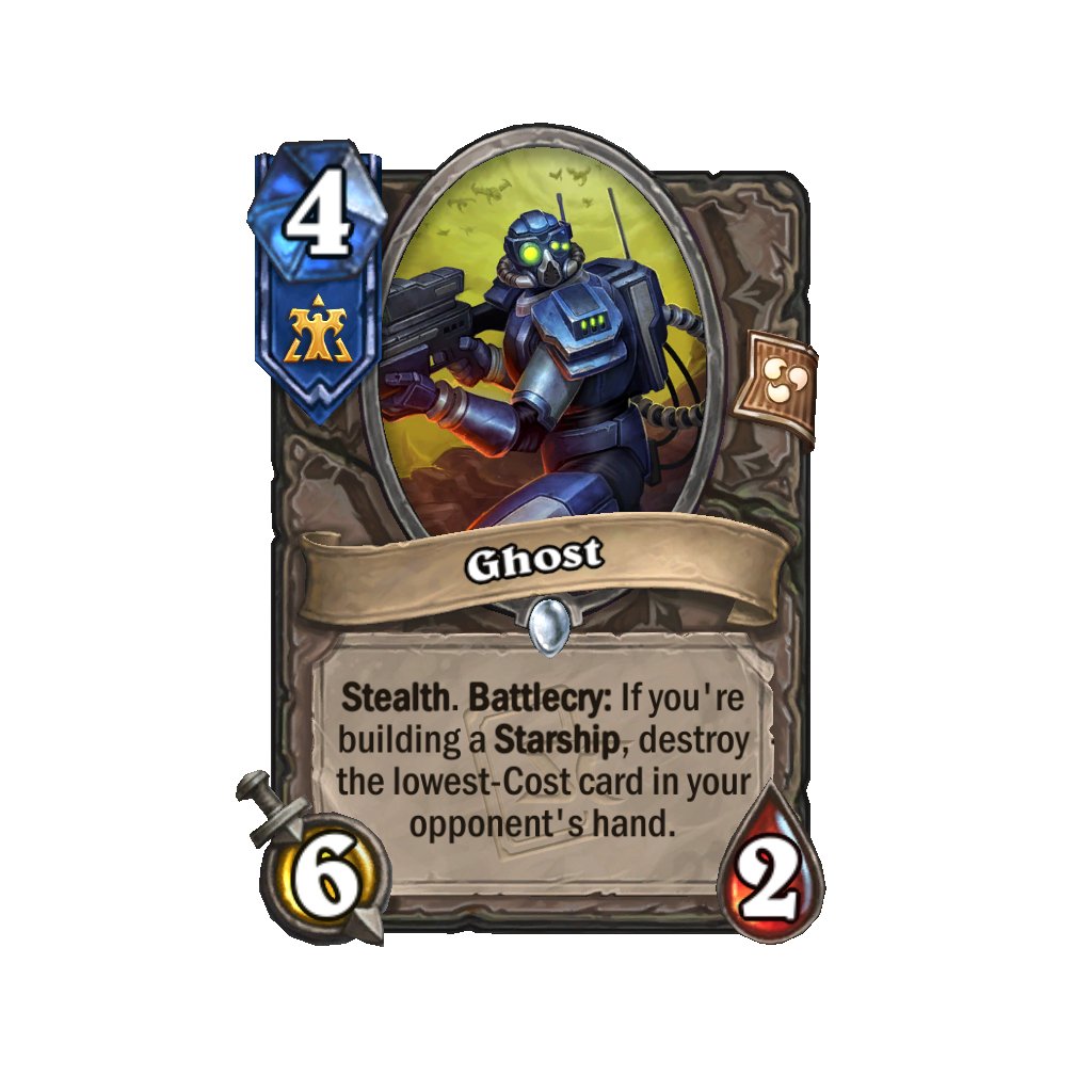 ハースストーン 「スタークラフト英雄伝」の新カード 中立のミニオン（テラン）  「隠れ身、雄叫び：自分が宇宙船を建造している場合、対戦相手の手札の最もコストが低いカードを破壊する。」 ▽「スタークラフト英雄伝」まとめ  https://t.co/qJm0EdfN9l