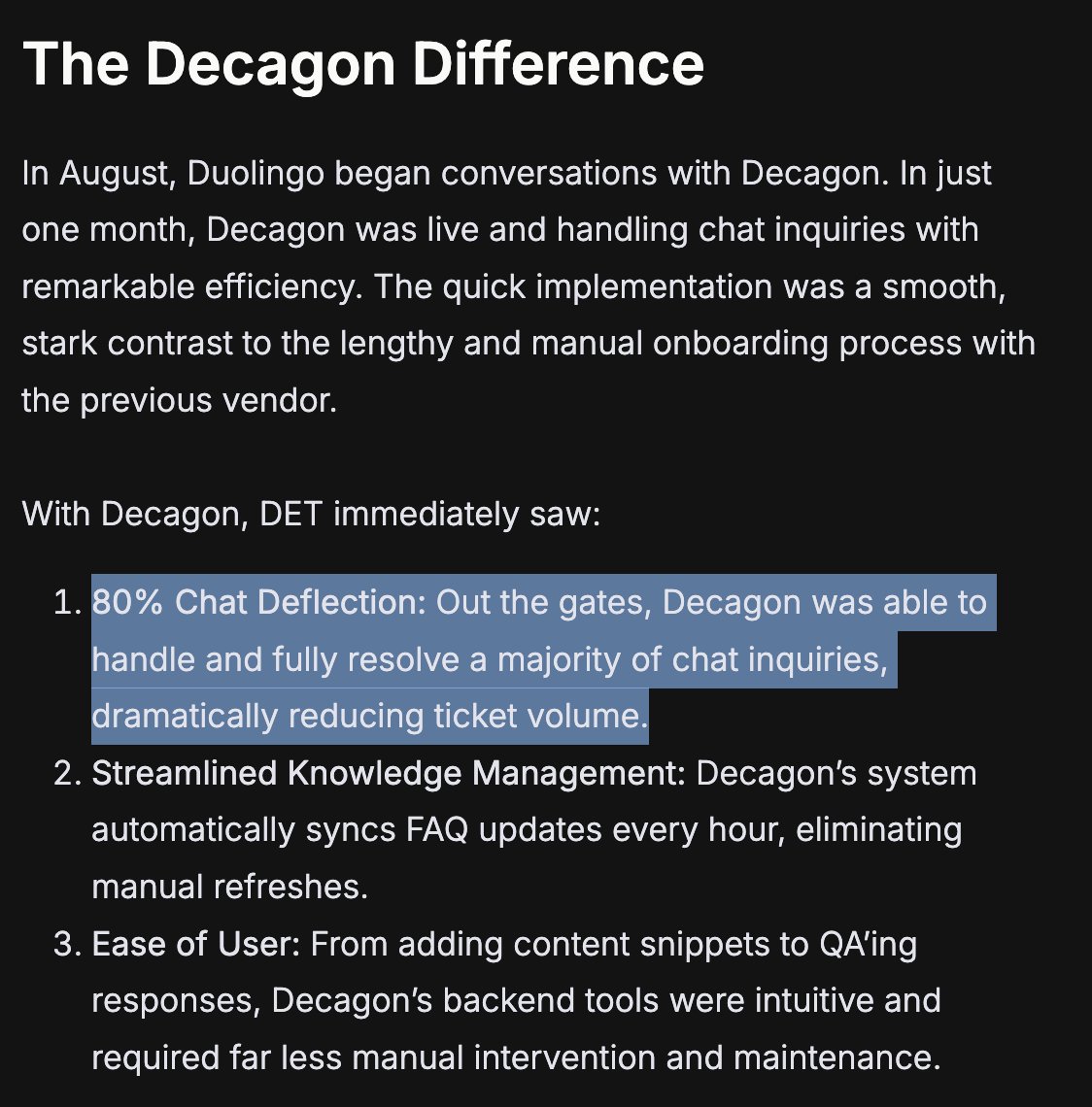 AI agents in production: 

@Duolingo implemented <a href="/DecagonAI/">Decagon</a> as an AI support agent for their extremely popular Duolingo English Test and Decagon's AI agent has been able to resolve over 80% of tickets (vs a prior AI agent Duolingo tried that resolved 30% of tickets):