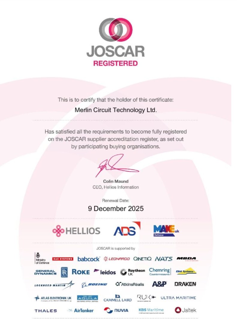 Merlin Circuit Technology is proud to announce we’ve been granted JOSCAR accreditation! This recognition reinforces our commitment to quality, reliability, and excellence in the aerospace, defense, and security sectors. 
#JOSCAR #Aerospace #Defense #QualityAssurance