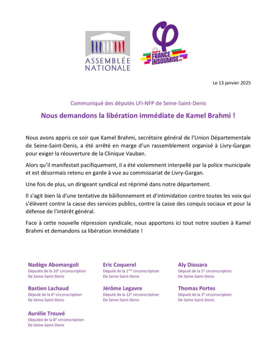 Le responsable départemental de la CGT 93, Kamel Brahmi, est toujours en garde à vue. 
Non à la criminalisation de l’action syndicale.
Notre communique 🔽