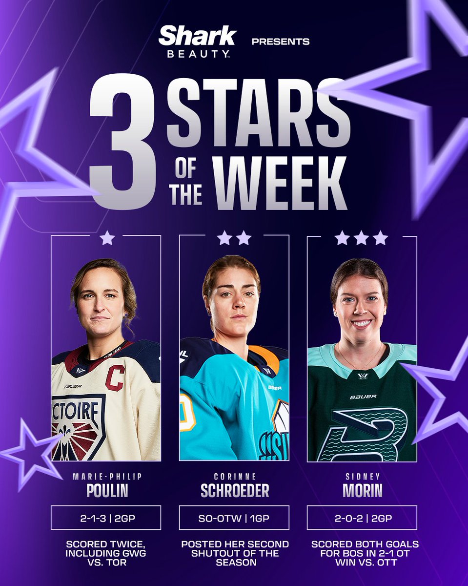 thepwhlofficial's tweet photo. Triple Threat. 💥💥💥

Marie-Philip Poulin, Corinne Schroeder, and Sidney Morin are the Three Stars of the Week, presented by @sharkbeauty!
📰 https://t.co/drrALna6cC https://t.co/CyrBEsFBfh