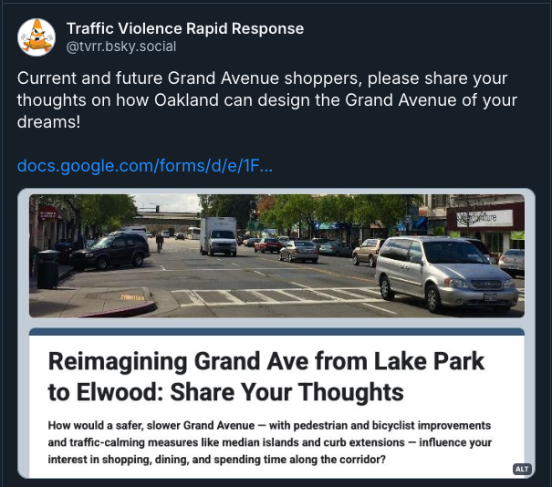 RapidRevolt's tweet photo. Current and future Grand Avenue shoppers, please share your thoughts on how Oakland can design the Grand Avenue of your dreams! https://t.co/l5I4trYQBM