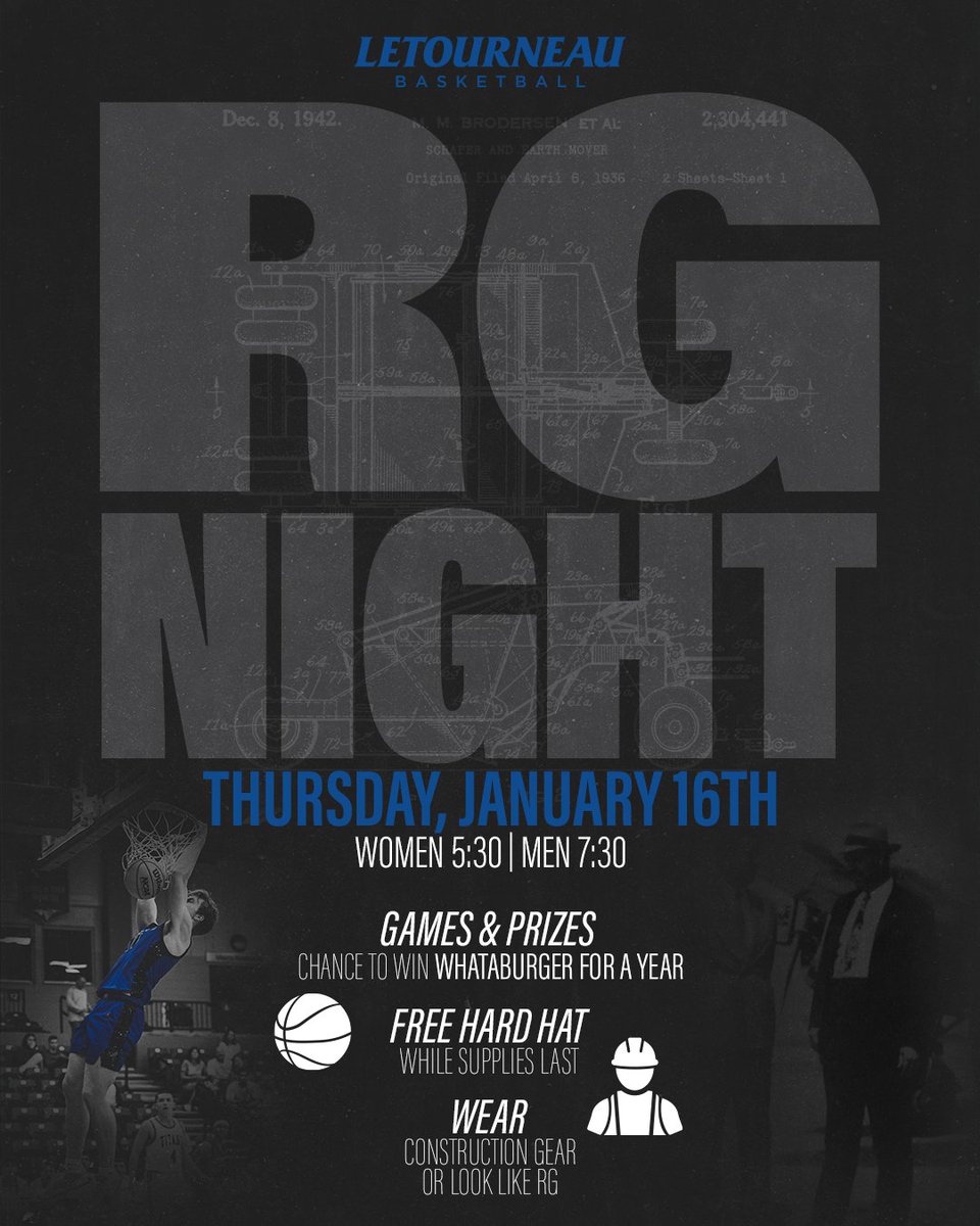 LETU Basketball (@letumbb) on Twitter photo RG NIGHT 2025
What better way to kick off the spring semester than to celebrate our founder RG LeTourneau!
Be at Solheim on Thursday night for your chance at <a href="/Whataburger/">Whataburger®</a> FOR A YEAR along with some other great prizes and giveaways.
Women 5:30 PM | Men 7:30 PM
#d3hoops RG NIGHT 2025
What better way to kick off the spring semester than to celebrate our founder RG LeTourneau!
Be at Solheim on Thursday night for your chance at <a href="/Whataburger/">Whataburger®</a> FOR A YEAR along with some other great prizes and giveaways.
Women 5:30 PM | Men 7:30 PM
#d3hoops