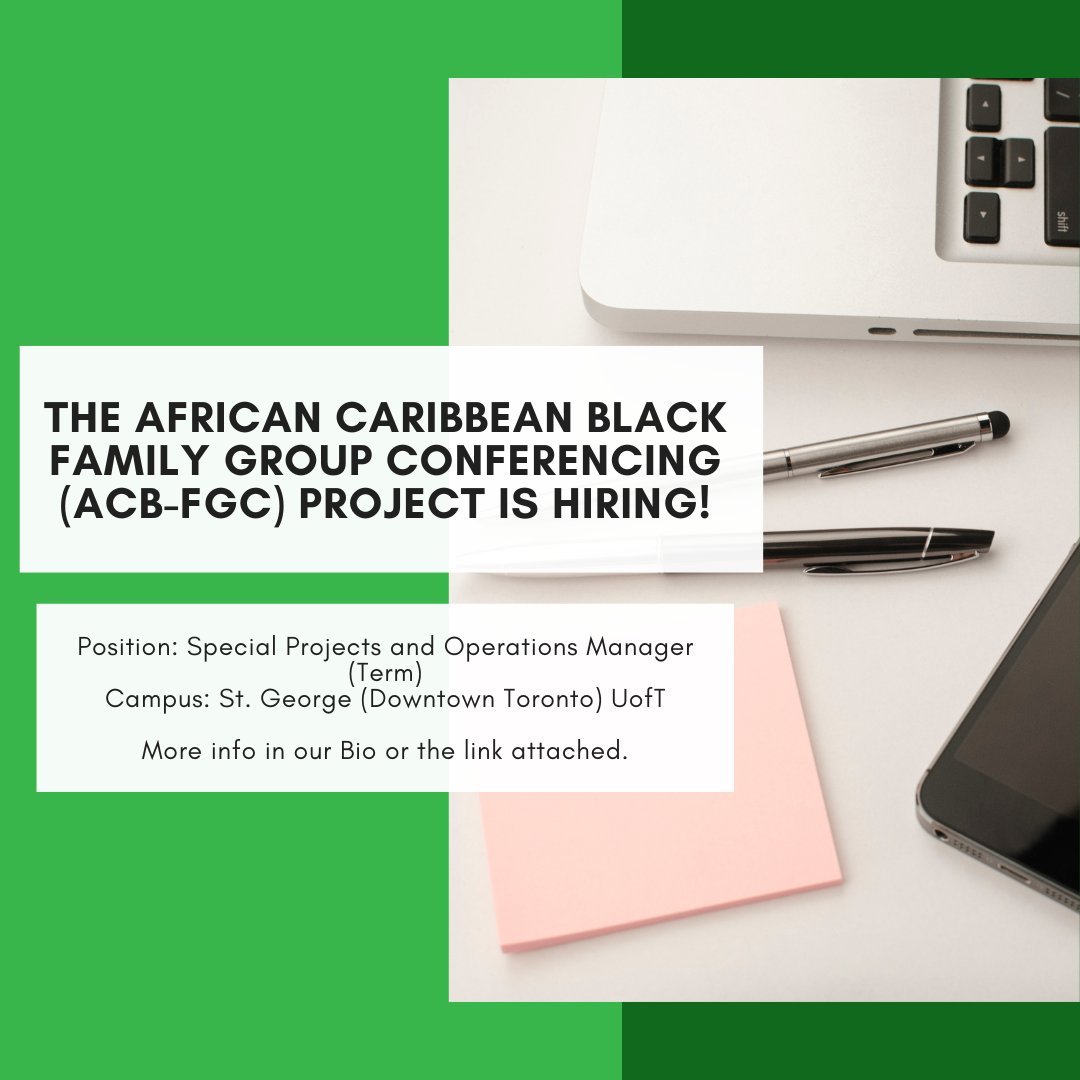 The ACB-FGC is seeking a Special Projects and Operations Manager (Term) to support the work of delivering culturally responsive Family Group Conferencing and mediation to African, Caribbean and Black (ACB) families and youth in the Toronto area.

Link: lnkd.in/eZTRJ-ex