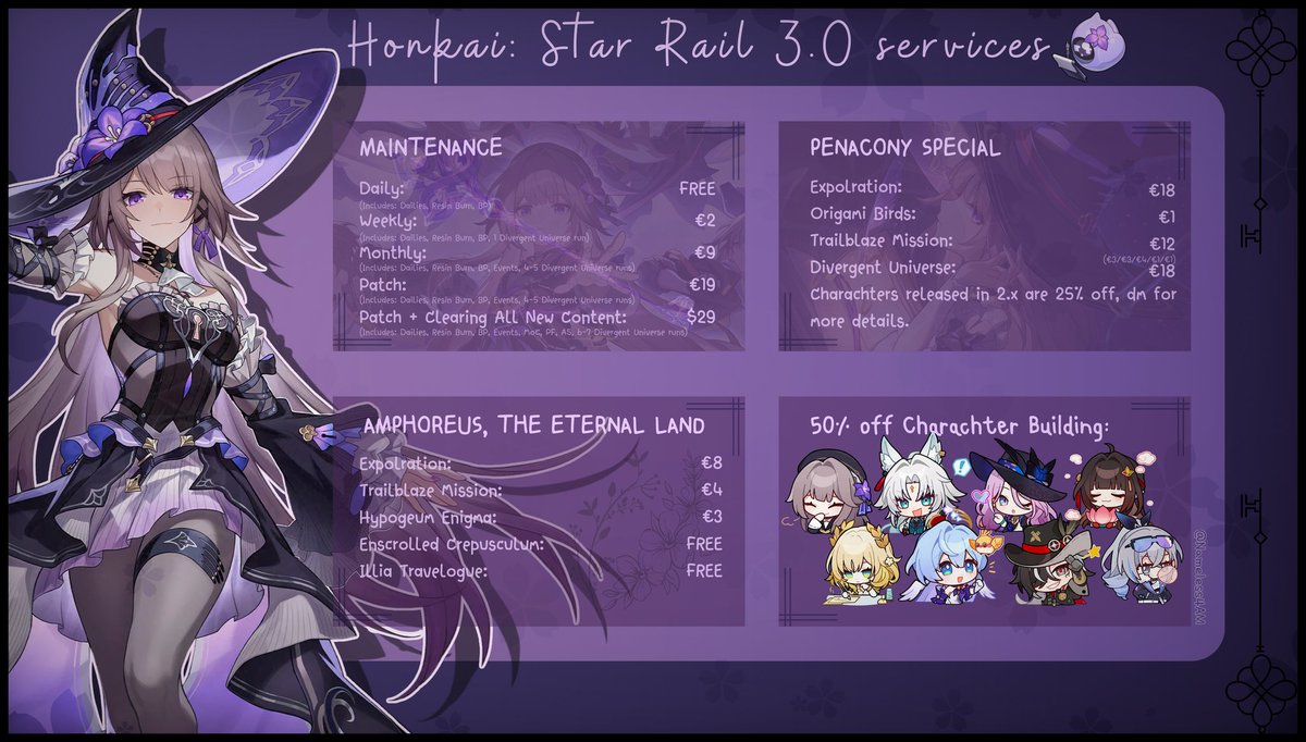 🗝 " Honkai: Star Rail 3.0 services sale!

🔮 " Too tired or simply don't have time to spend hours to play your favorite game? Don't worry, for I am here to help. 

💜 " Prices can be adjusted based on your progress! DM to avail or ask any questions~