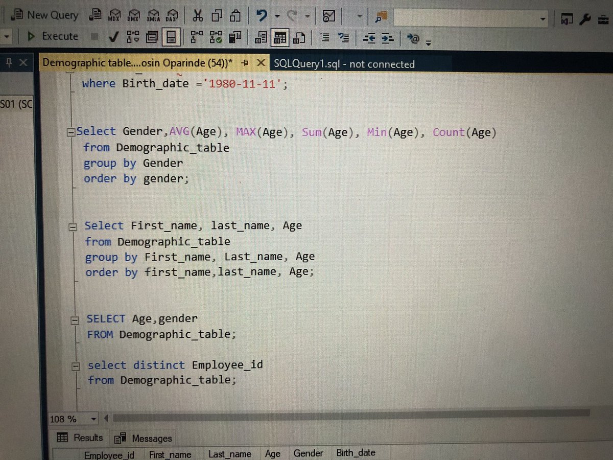 Imoleayo1182245's tweet image. Day 1/15 of SQL 🧑‍💻Data challenge with DAH

I learned how to Create a Database, create a table, how to insert into the tables, also how to use the Aggregate functions and the use of Group by and Order by.

@Ayoogunlola 
#15daysofconsistencywithdah 
#15daysofdatawithdah