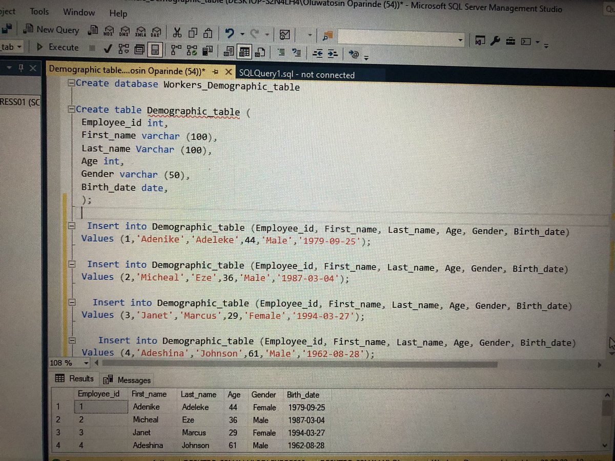 Imoleayo1182245's tweet image. Day 1/15 of SQL 🧑‍💻Data challenge with DAH

I learned how to Create a Database, create a table, how to insert into the tables, also how to use the Aggregate functions and the use of Group by and Order by.

@Ayoogunlola 
#15daysofconsistencywithdah 
#15daysofdatawithdah