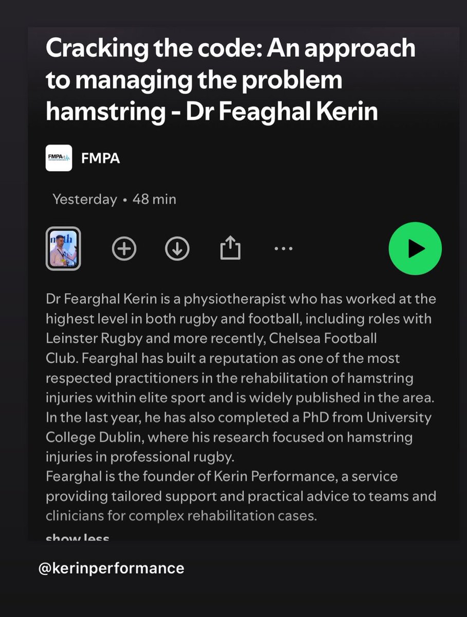Kerin Performance (@kerinperform) on Twitter photo Enjoyed this conversation with <a href="/FMPA_Official/">Football Medicine & Performance Practitioners</a> on recurrent hamstring injuries in football.
Next availability at the Marylebone clinic is in early February, with time each week for direct-to-club consultations.
Contact via info.kerinperformance.com
open.spotify.com/episode/3rphvu… Enjoyed this conversation with <a href="/FMPA_Official/">Football Medicine & Performance Practitioners</a> on recurrent hamstring injuries in football.
Next availability at the Marylebone clinic is in early February, with time each week for direct-to-club consultations.
Contact via info.kerinperformance.com
open.spotify.com/episode/3rphvu…