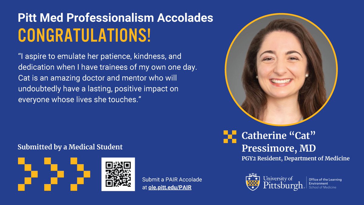 Huge congrats to Catherine Pressimone on receiving a #PittMed Professionalism Accolade!

"Despite ultimately being someone who was evaluating me, she never made me feel like I could not make mistakes and used them as opportunities to truly learn from them."