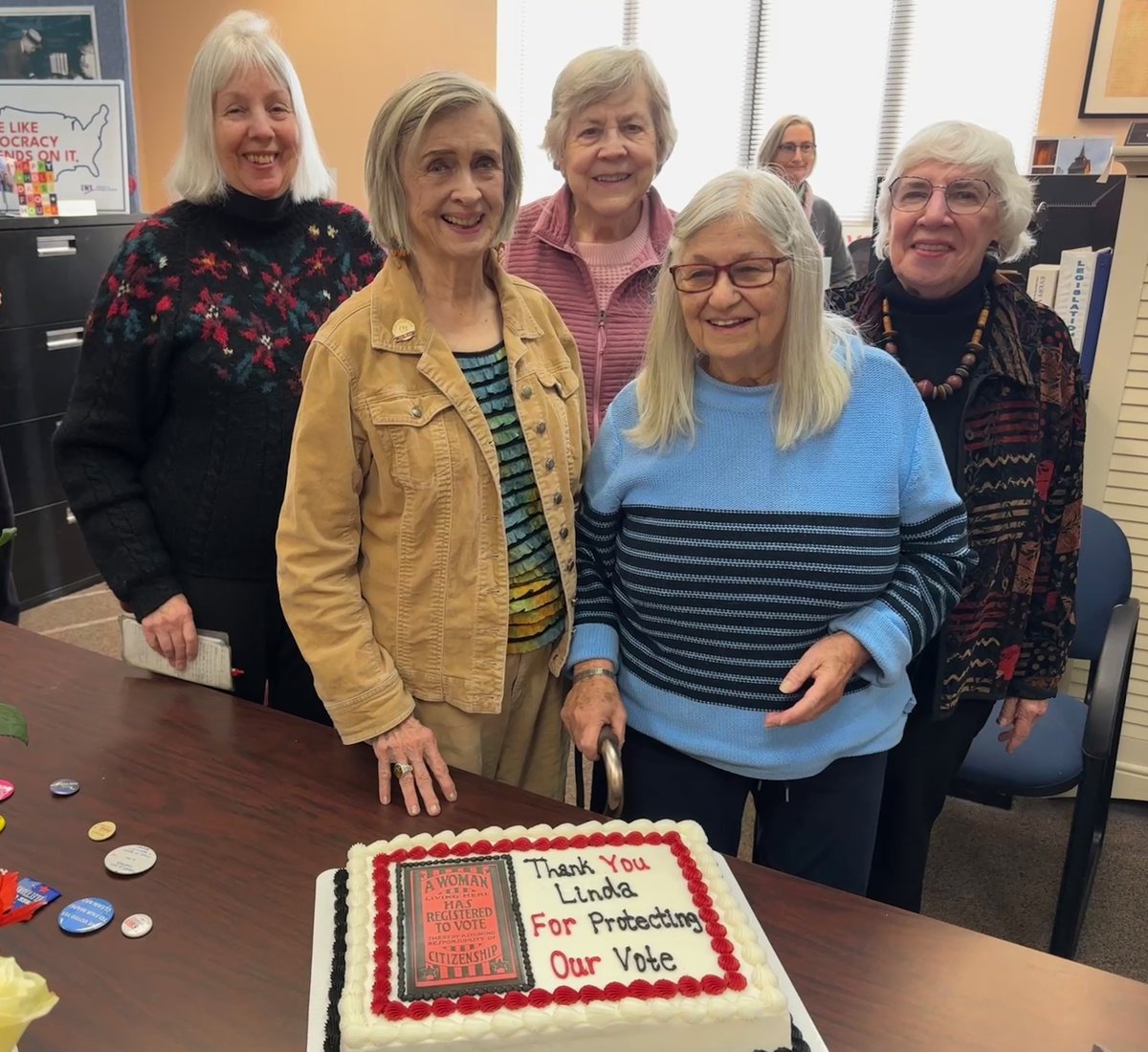 Wishing Linda McDaniel well as she moves to Washington State are four other women who served as President of LWVMO (Debby Howard, Linda McDaniel, Elaine Blodgett, Sydell Shayer and Marilyn McLeod).