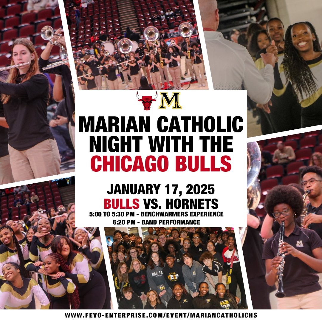 Don't miss the Marian Catholic High School Band's exciting performance on the Bulls' court on January 17th at 6:20 PM!

Get your tickets today: fevo-enterprise.com/event/Marianca…