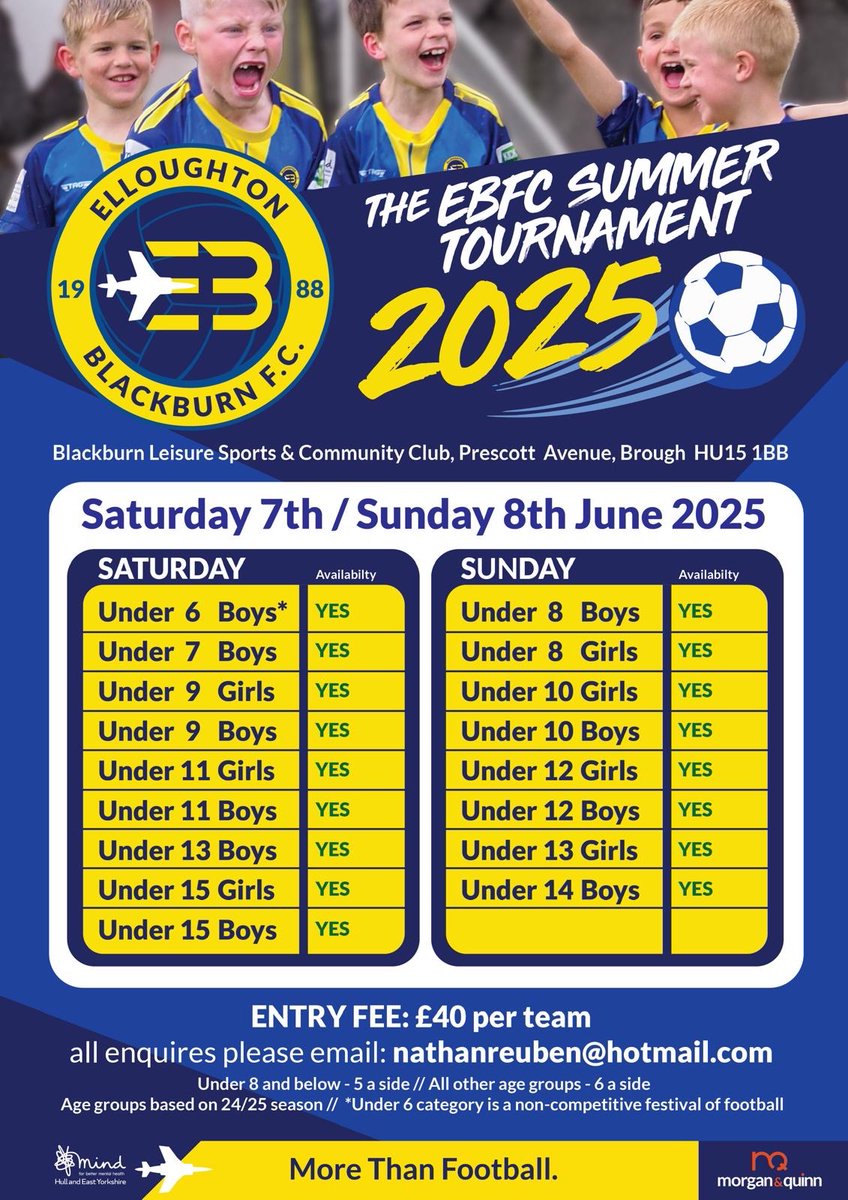 Elloughton Blackburn FC (@ebfcjuniors) on Twitter photo The Elloughton Blackburn summer tournament dates will be 7th and 8th June 2025.
Enquires to be sent to nathanreuben@hotmail.com The Elloughton Blackburn summer tournament dates will be 7th and 8th June 2025.
Enquires to be sent to nathanreuben@hotmail.com