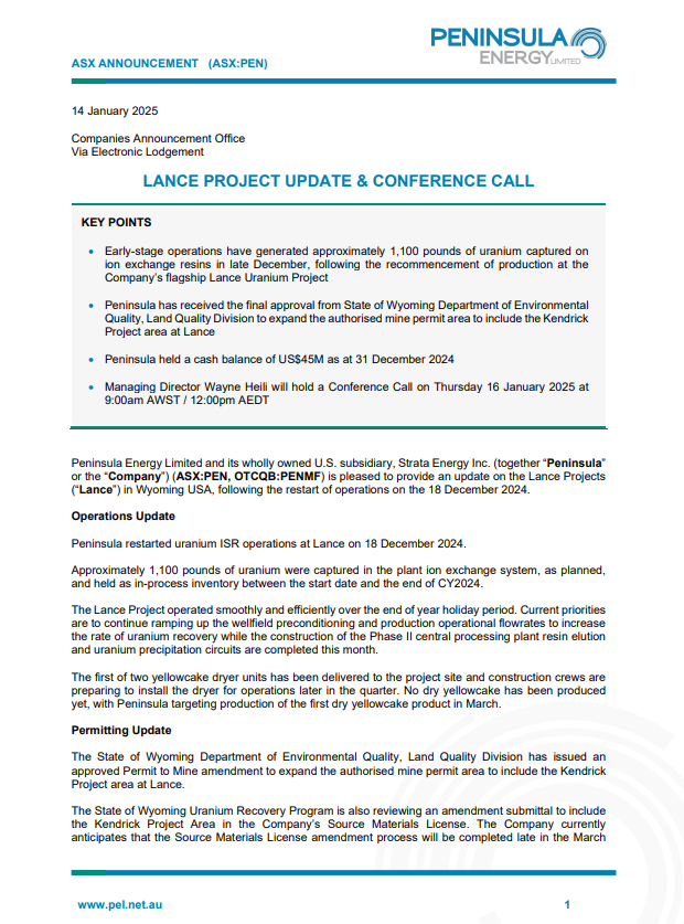 PEN_Energy's tweet image. $PEN has provided an update on the Lance Projects in Wyoming USA following the restart of operations.
1100lb of #Uranium was captured in the ion exchange system and held as WIP inventory at end of CY2024.
$PEN will host a conference call on 16 January.
bit.ly/4gOYgVB