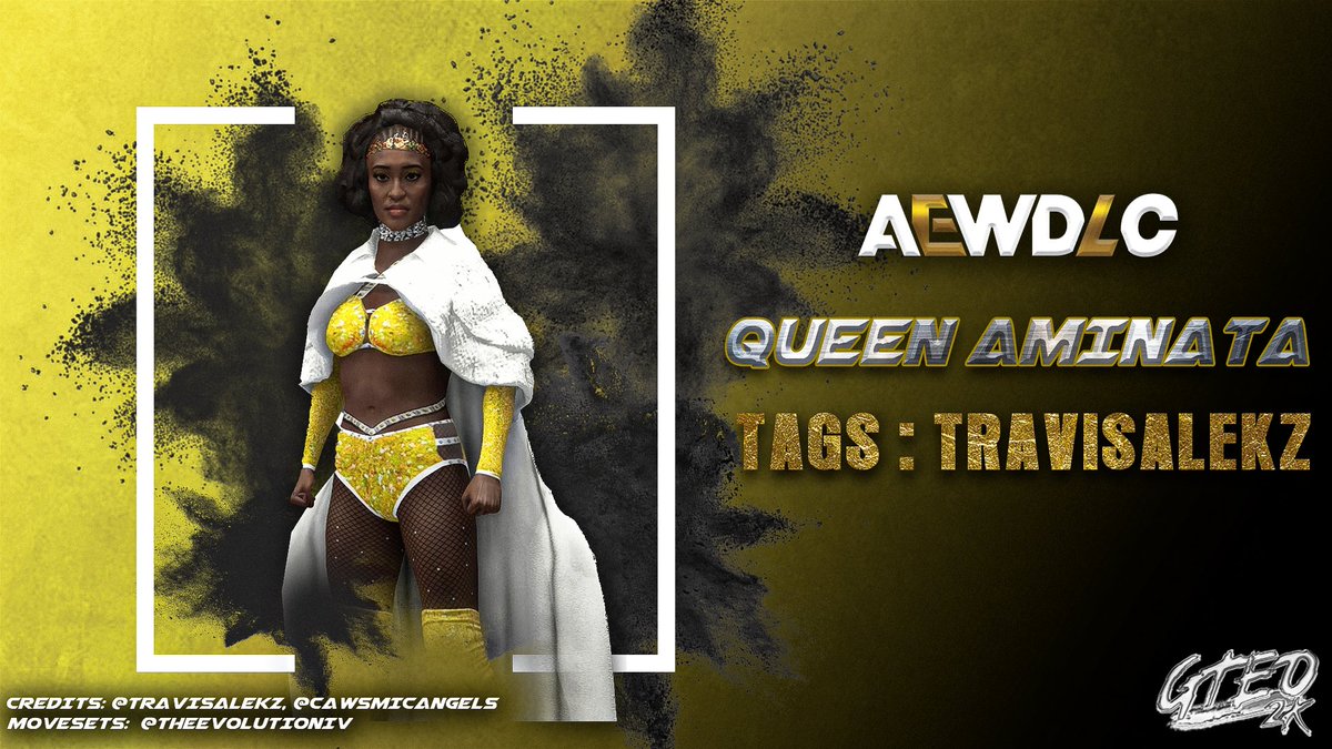 AEWDLC2K's tweet photo. QUEEN AMINATA IS AVAILABLE NOW ON #WWE2K24.

CAW: @travisalekz, @cawsmicangels 
Moveset: @theEvolutionIV 

@GTEO2K

@amisylle

#AEW #AEWDLC #WWE2K #WWE2K24 #WWE2k25 #AEWDynamite #AEWCollision