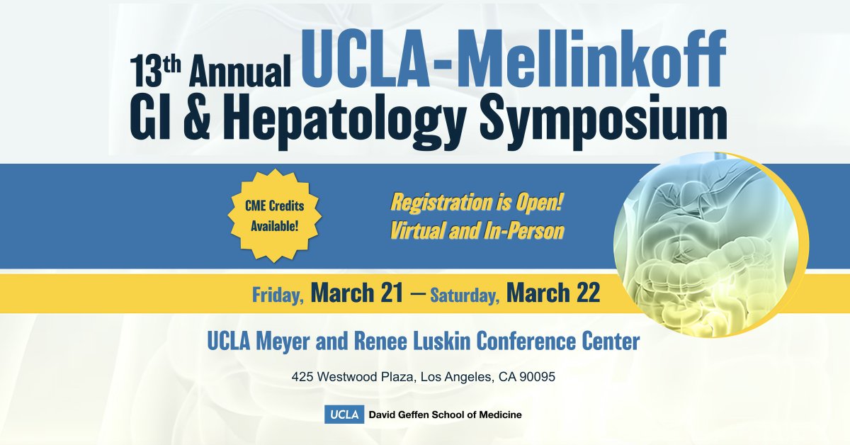 UCLA Gastroenterology and Hepatology (@uclagihep) on Twitter photo 🔥Register today! Join #UCLAGI for case-based presentations, literature updates, video & live endoscopy cases and a hands-on session.
🔹 CME accredited
🔹 FREE for fellows & trainees
🔹 Virtual & in-person
🔹 Expert faculty
👉 Registration and agenda uclamellinkoffgisymposium.org 🔥Register today! Join #UCLAGI for case-based presentations, literature updates, video & live endoscopy cases and a hands-on session.
🔹 CME accredited
🔹 FREE for fellows & trainees
🔹 Virtual & in-person
🔹 Expert faculty
👉 Registration and agenda uclamellinkoffgisymposium.org