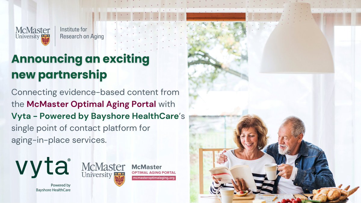 MIRA McMaster (@miramcmaster) on Twitter photo Exciting new partnership alert!
MIRA is proud to announce a groundbreaking initiative connecting the evidence-based resources of <a href="/Mac_AgingNews/">McMaster Optimal Aging Portal</a> 🤝 Vyta - Powered by Bayshore HealthCare, a leader in aging-in-place solutions.
For more: mira.mcmaster.ca/news-events/mi… Exciting new partnership alert!
MIRA is proud to announce a groundbreaking initiative connecting the evidence-based resources of <a href="/Mac_AgingNews/">McMaster Optimal Aging Portal</a> 🤝 Vyta - Powered by Bayshore HealthCare, a leader in aging-in-place solutions.
For more: mira.mcmaster.ca/news-events/mi…