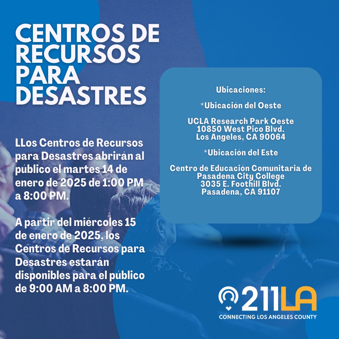 211LACounty's tweet photo. โ
Local Assistance & Disaster Resource Centers open Tuesday, Jan. 14 to support those impacted by the recent wildfires. Find the help you need at one of two locations:
#LAStrong #211LA #LAFires #LAWildfires #CaliforniaWildfires #LosAngelesFires #WildfireRecover https://t.co/jBbubRQCMY