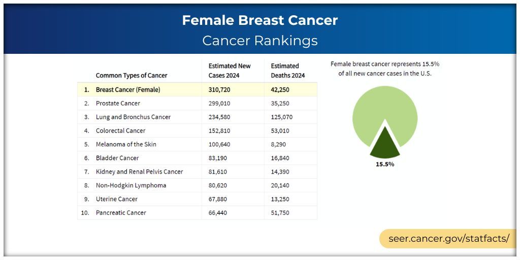 In 2024, there were about 310,720 new cases of #BreastCancer in the US. 15.5% of all new cancer diagnoses were from breast cancer. Visit our Cancer Stat Facts sheet to learn more: buff.ly/2E96XXH #BCSM