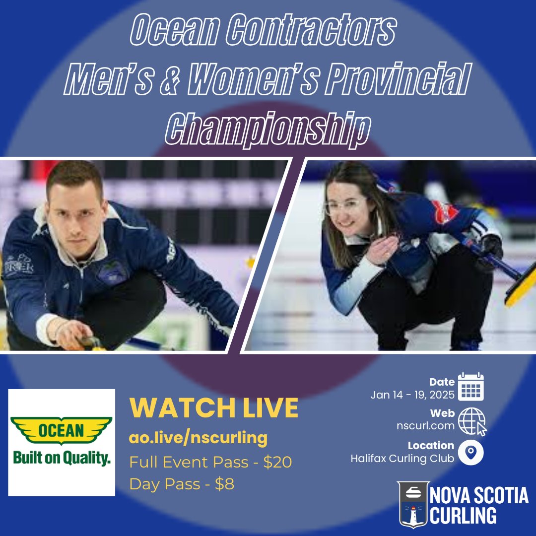 🎥 Watch the 2025 NS Women’s &amp; Men’s Provincial Championships LIVE! 🥌
📺 ao.live/nscurling
💲 $20 for full access to both events or $8 for a day pass.
Don’t miss the action – wherever you are! 🌟