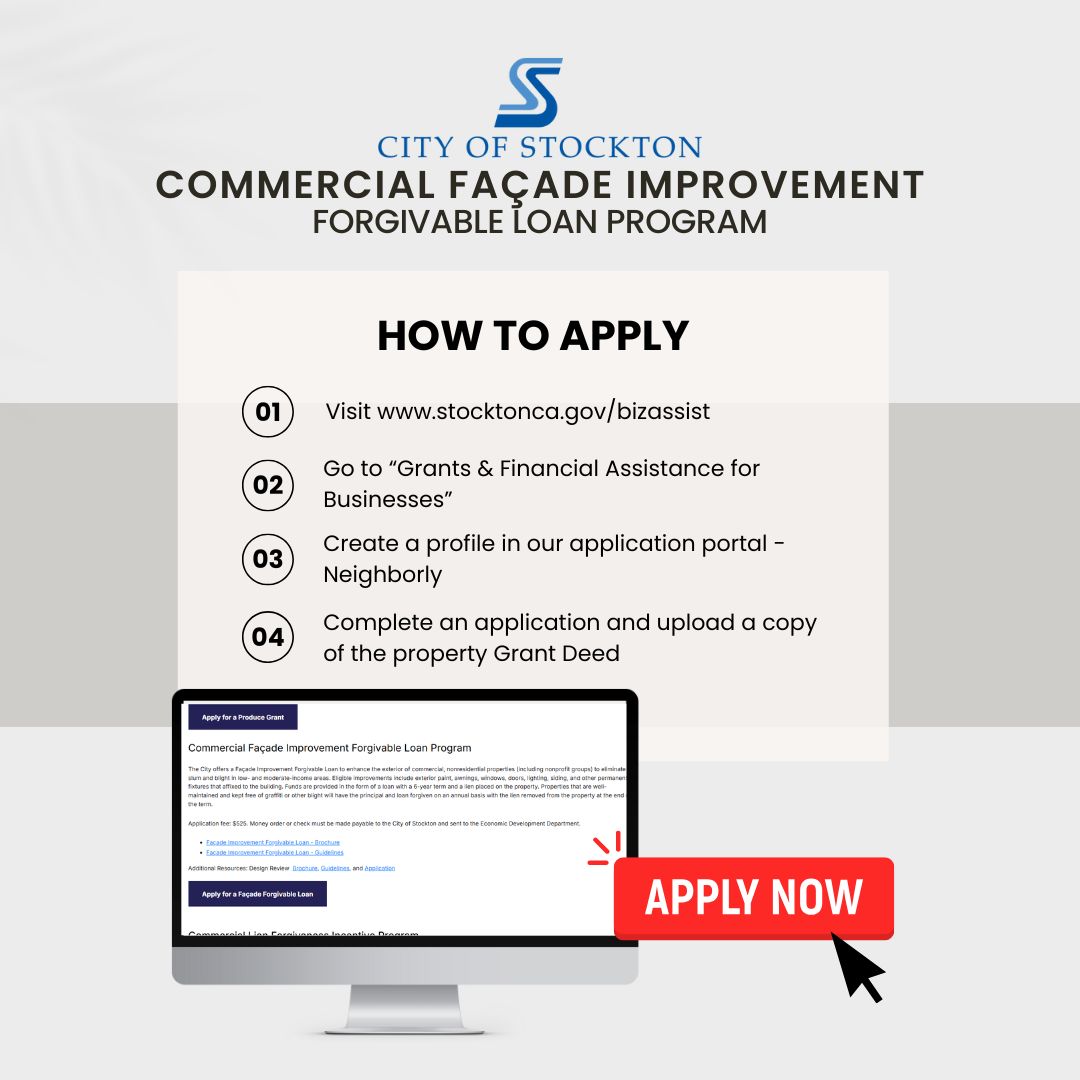 Stockton business owners: Revitalize your storefront with the Façade Improvement Forgivable Loan Program!

Eligible upgrades: fresh paint, awnings, doors, windows, siding, lighting &amp; more. 

Learn more: Stocktonca.gov/bizassist

#StocktonBusinessSupport #StocktonThrives
