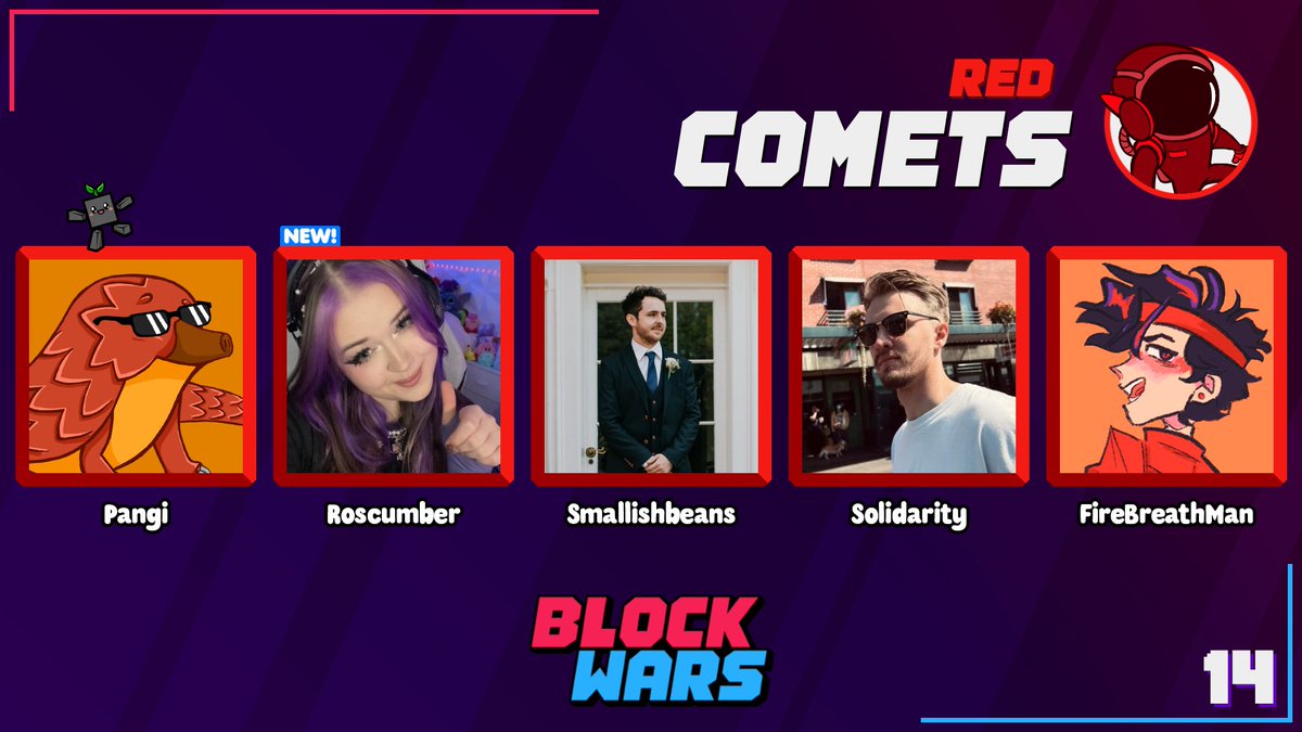 Block Wars (@blockwarsevent) on Twitter photo 📢Red Team Announcement📢
<a href="/PangiLive/">Pangi</a> <a href="/Roscumber/">ros</a> <a href="/Smallishbeans/">Smallishbeans</a> <a href="/SolidarityCoUK/">Solidarity</a> <a href="/FireBreathMan/">FireBreathMan 🔥</a> will be representing the Comets for Block Wars 14! 🥳
Watch them live on January 25th at 2pm EST! 📢Red Team Announcement📢
<a href="/PangiLive/">Pangi</a> <a href="/Roscumber/">ros</a> <a href="/Smallishbeans/">Smallishbeans</a> <a href="/SolidarityCoUK/">Solidarity</a> <a href="/FireBreathMan/">FireBreathMan 🔥</a> will be representing the Comets for Block Wars 14! 🥳
Watch them live on January 25th at 2pm EST!