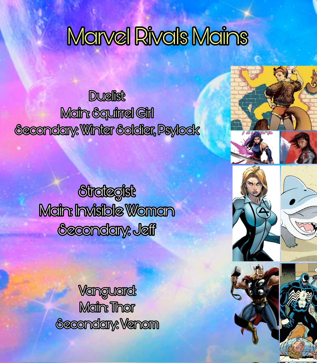 Picked this up A couple days ago, it's been fun. 
Got my first two MVPs as Squirrel Girl, so I thought I'd make a reference chart for my early game pics for mains so far. 

Anyone who plays, who are your go tos for each role?