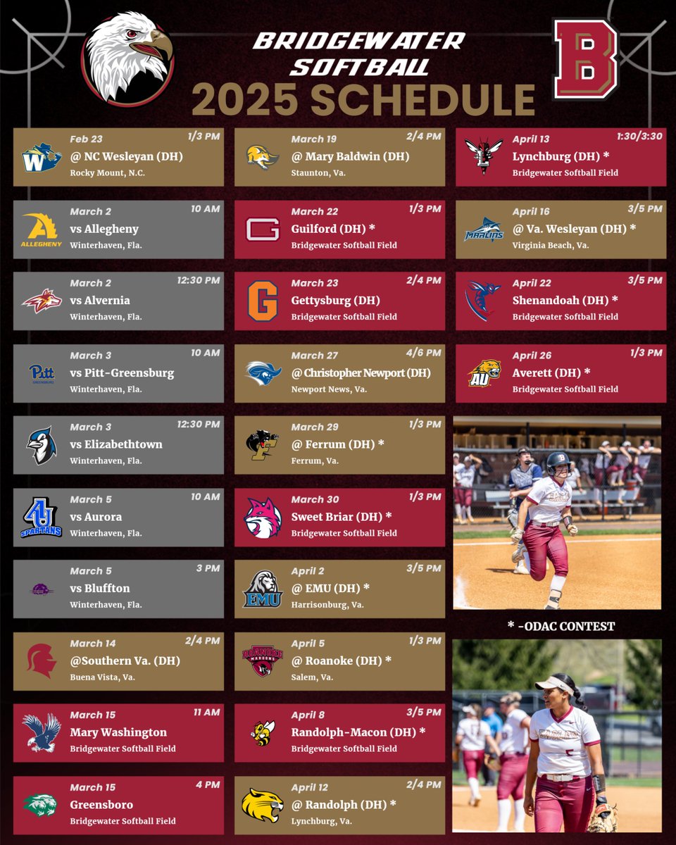 We're over a month away from the <a href="/Bh2osoftball/">Bridgewater Softball</a> home opener, but it's never too soon to mark your calendars 📅

Head to the link below for the full release ⬇️⬇️
#BleedCrimson #GoForGold 

🔗 tinyurl.com/2blpvd7w