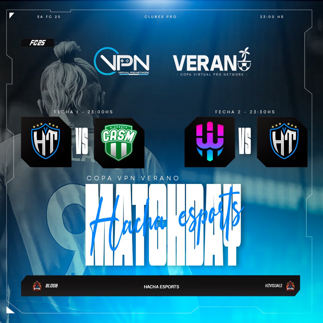 hachaesports's tweet photo. 🔵 MATCHDAY || #EAFC25 ⚪️

⛱️ Copa VPN Verano🌞

🏆 @vpn_argentina 

Fecha 1
🆚 #SanMiguelEsp
🕚 23:00hs 🇦🇷

Fecha 2
🆚 @ebea2gg 
🕦 23:30hs 🇦🇷

Apoya al equipo en el comienzo de una nueva competencia 🔥

📺https://t.co/TzGc959DAM

#FC25 | #VamosHacha | #ClubesPro https://t.co/5Ny2Em28uF