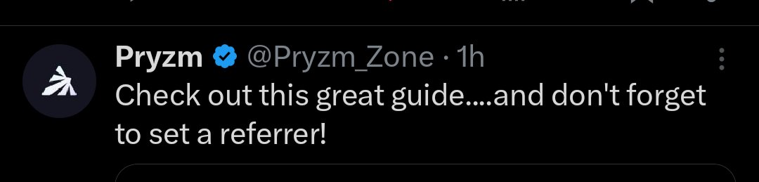 Just putting this out there again in case anyone missed it.

There's only 3 days left until the <a href="/Pryzm_Zone/">Pryzm</a> $PRYZM airdrop, DON'T FORGET TO SET A REFERRER BEFORE THEN!

Set: app.pryzm.zone/points/pryzm?t…
(Twitter handle: AirdropGlideapp)

Don't miss out on the airdrop because you