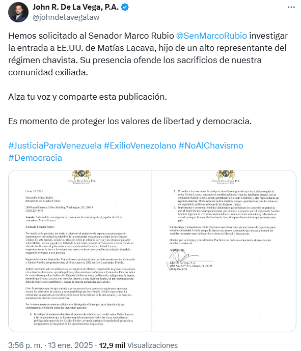 EVTVMiami's tweet photo. LO ÚLTIMO 🇻🇪🇺🇸 Solicitan a @marcorubio investigar entrada a EEUU de Matías Lacava, hijo del gobernador de Carabobo, Rafael Lacava 

El abogado John  De La Vega (@johndelavegalaw) explicó que el ingreso de Matías Lacava al país "ofende los sacrificios" de la comunidad exiliada 

📲Más en https://t.co/PiKoItS65m