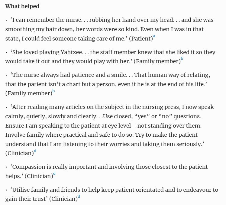 ♥️ To provide compassionate care for people with delirium we first need to:

➡️  detect it

➡️ write the diagnosis of 'delirium' in the records &amp; communicate this to the patient (if possible at the time) &amp; their family

➡️ alongside treating triggers, etc., consider the