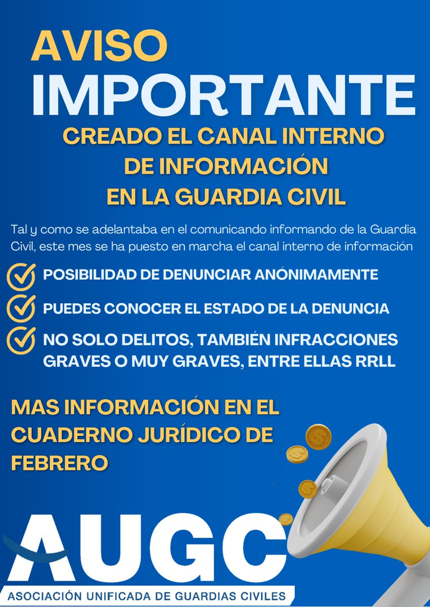 augc_juridico's tweet photo. La @guardiacivil dispone de canal interno de información.

En el próximo cuaderno jurídico de @AUGC_Comunica comentaremos en qué consiste https://t.co/y60XXDy1ns