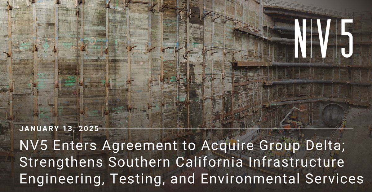 NV5 has entered into an agreement to acquire Group Delta, an infrastructure engineering and testing firm specializing in water, electrical utility, and transportation projects in Southern California. ir.nv5.com/news-events/ne…