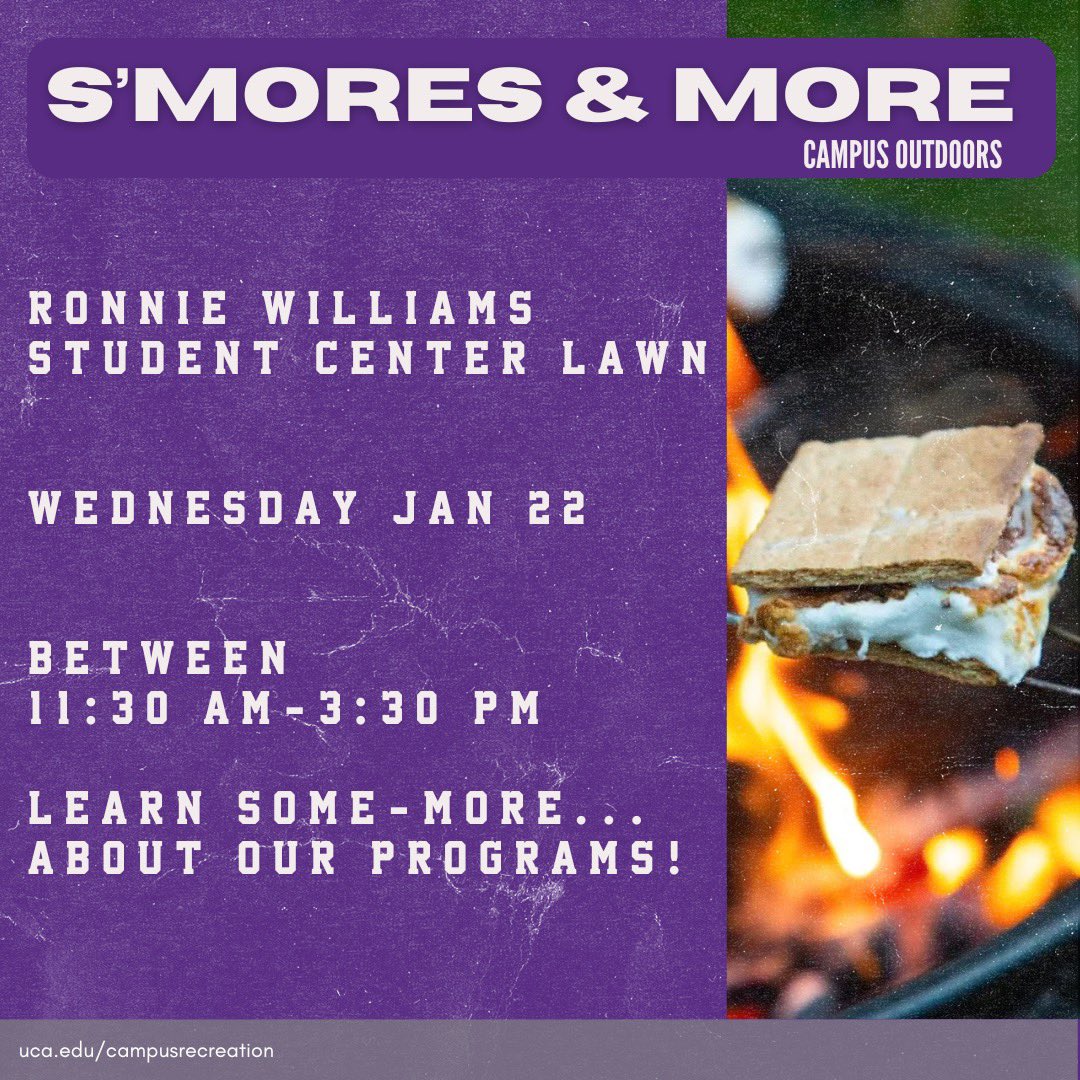Join Campus Outdoors for some free S'mores, chill at our campfire, and learn about our programs and upcoming events! #ucabears #uca #ucacampusrec