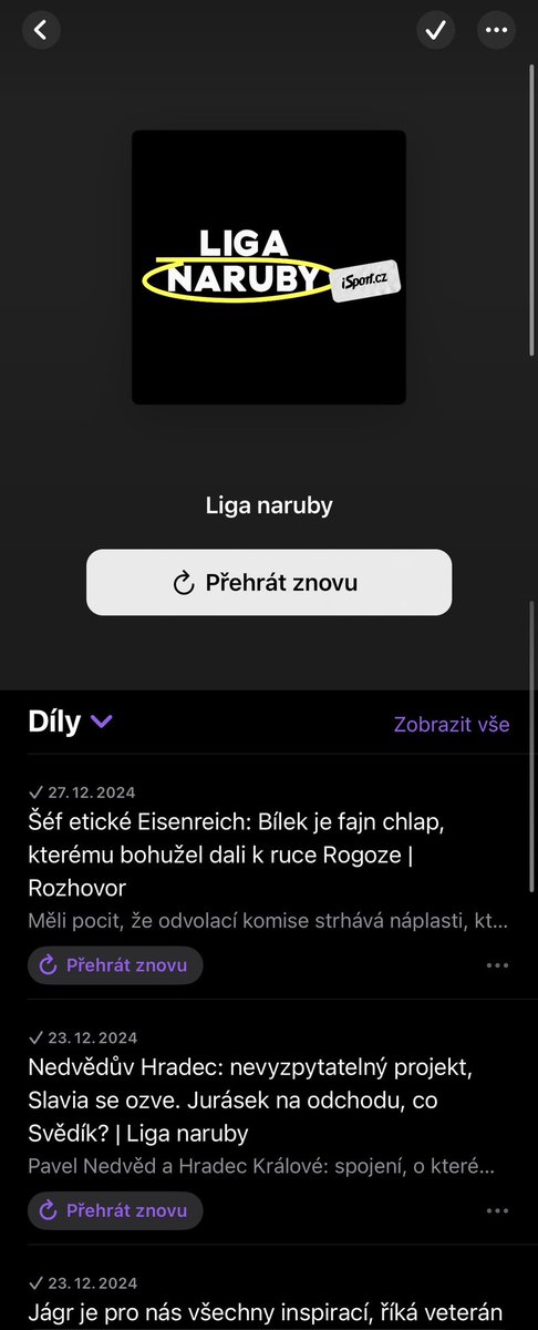 FouMar7's tweet photo. Zdravím @ANenadal, 

mám dotaz ohledně Ligy naruby (mám předplatné). Poslouchám podcast primárně přes Apple Podcasts, ale ukazuje mi to poslední přidaný díl z 27. 12. 2024. 
A teď nevím, jestli je chyba na mé straně, nebo někde jinde?

Díky za odpověď. https://t.co/fqVroHFD3E