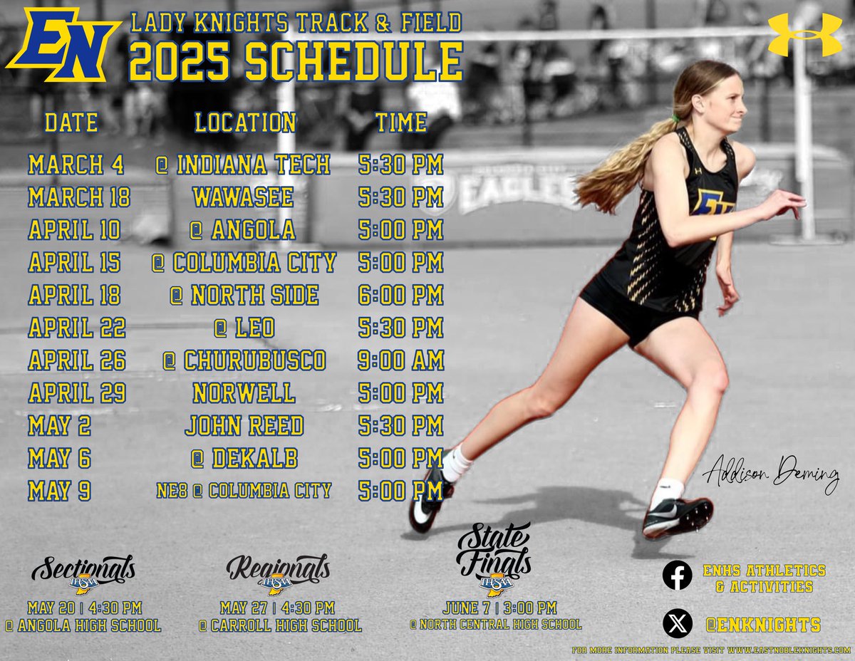 CoachWait's tweet photo. Here is the Lady Knights 2025 Track &amp; Field schedule! As always, dates and times are subject to change so always check https://t.co/otB5cRZbL8 for up to date changes! We are excited to get back out there! Go Knights! https://t.co/HwelpZwqZW