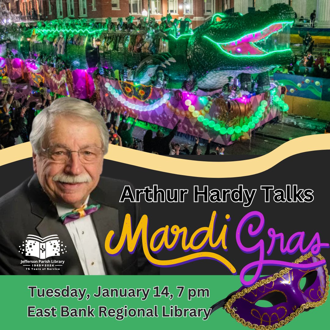 jplweb's tweet photo. Get your #MardiGras mambo on with a lecture by Arthur Hardy about Carnival season past, present and future. What can we expect this year? Join us on Tuesday, Jan. 14, 7 pm at the East Bank Regional Library. https://t.co/UDtg9vmIgd